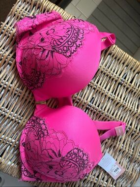 Lane Bryant Hot Pink Bra with Black Lace Overlay